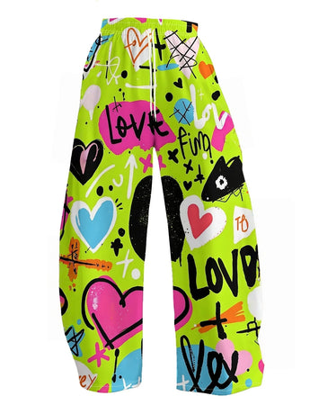 2026 New Neon Green Love Pants for Women Quick Dry Comfortable Elastic Waist Trousers Street Style Loose Casual Pants for Kids