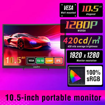 10.5-Inch Portable Monitor 1280P HDR 15:10 Low Blue Light for Xbox PS4 / 5 Switch Cell Phone PC Loptop Extension